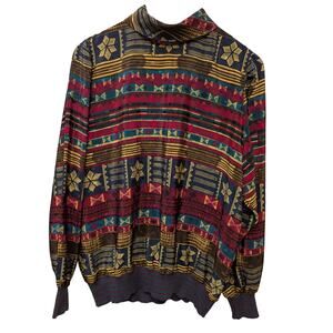 Vintage Ms Russ Union Made Geometric Tribal Print Top Collared Indie Boho Casual